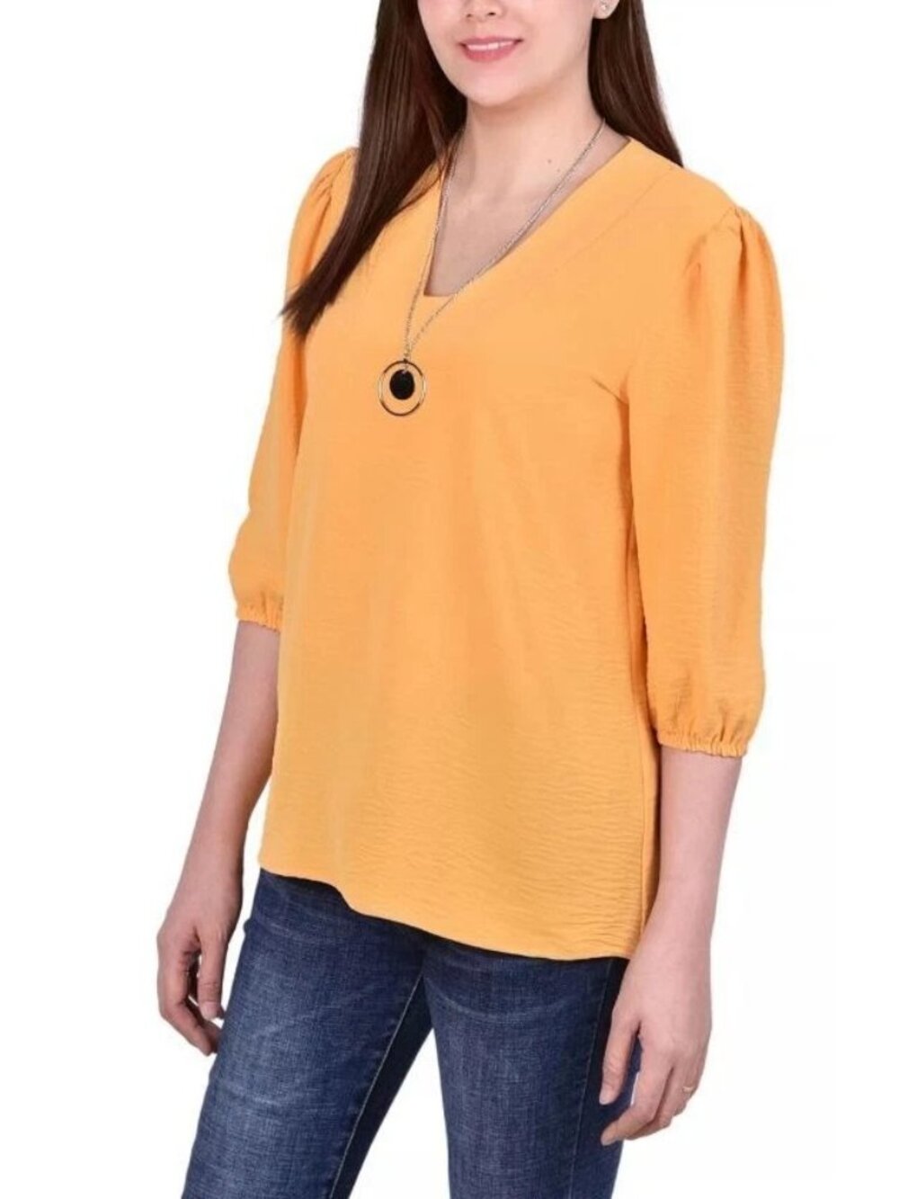 NY Collection Womens Plus 3/4 Puff Sleeve V Neckline Top Marigold Size 2X NWT
